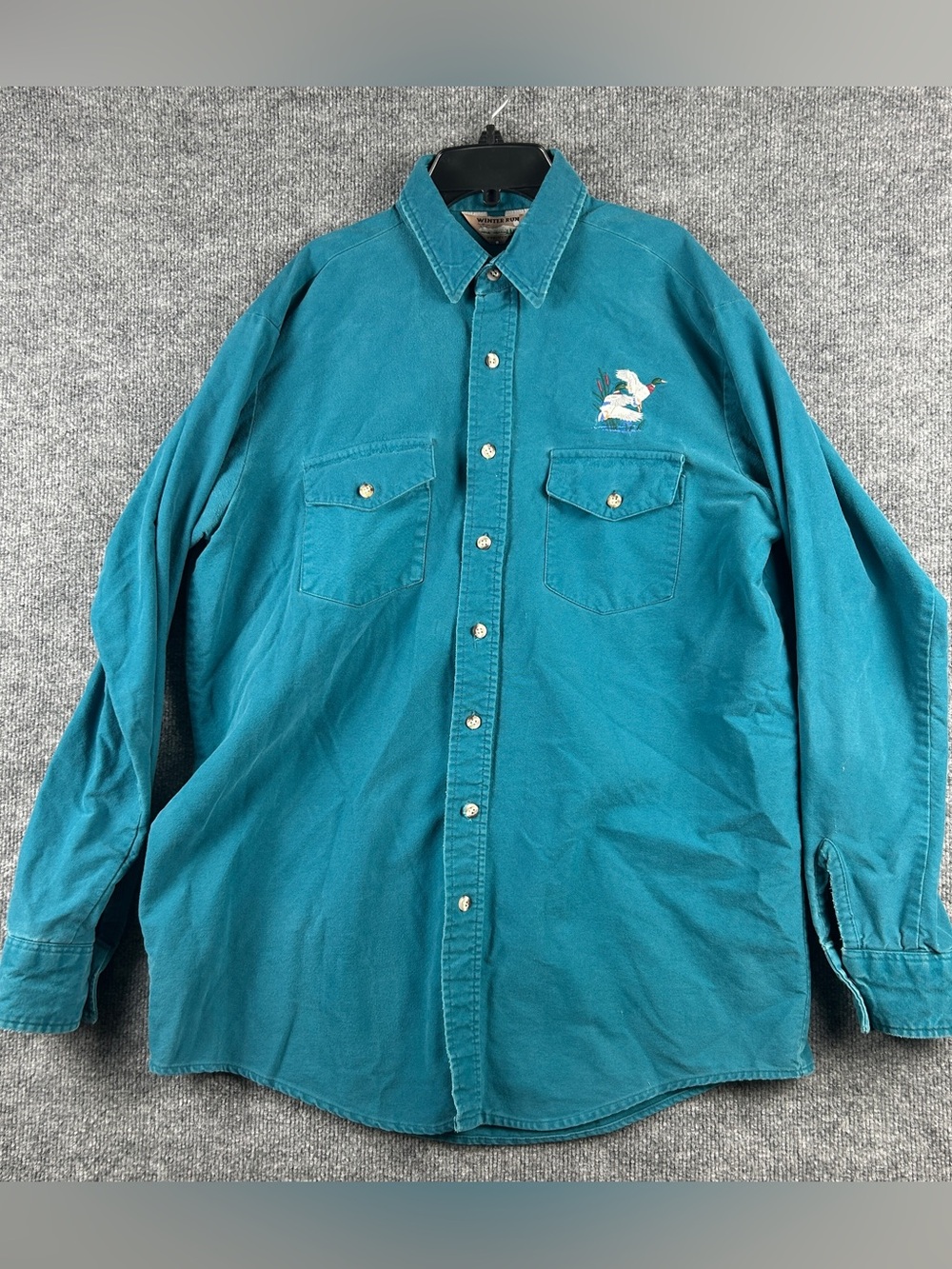 Vintage Winter Run Teal Mallard Duck Embroidered Chamois Shirt Mens L XL USA